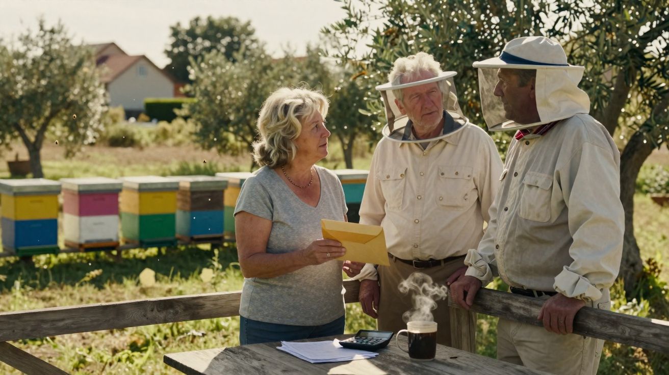 Três pessoas conversam junto a colmeias num apiário, com uma mesa, papéis, calculadora e chá quente.