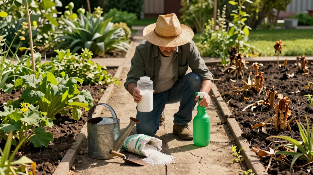 Homem com chapéu de palha aduba plantas num jardim, com regador e pulverizador ao lado.