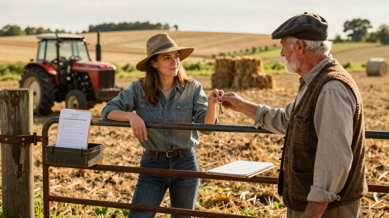 Homem idoso entrega chave a jovem mulher numa quinta com trator e palhares ao fundo.