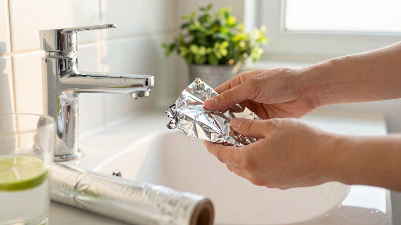 Mãos a lavar papel alumínio sob torneira numa pia branca com planta e copo ao fundo.