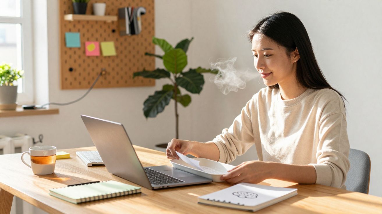 Mulher sentada a trabalhar num computador portátil com chá quente numa mesa iluminada perto da janela.