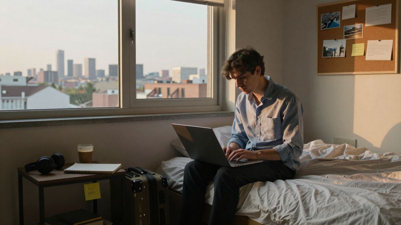 Jovem a trabalhar num portátil sentado numa cama, com janela para cidade ao fundo e mala junto à mesa.