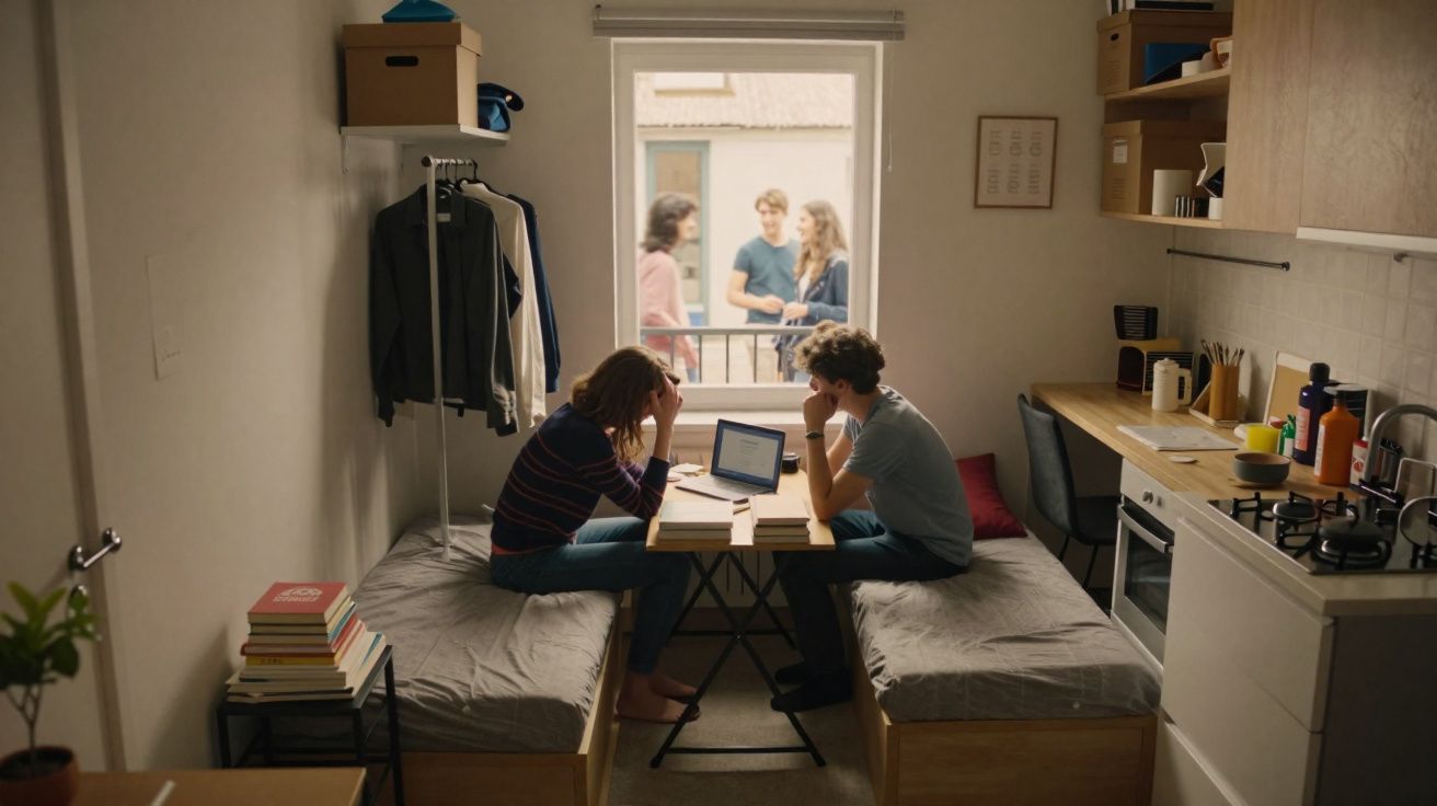 Dois jovens sentados em camas frente a um computador portátil numa pequena divisão, com duas pessoas a conversar na janela.