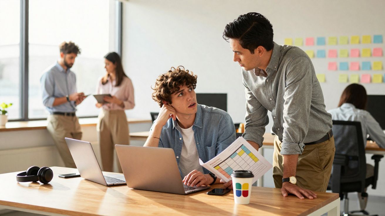Dois homens discutem trabalho em escritório moderno enquanto duas pessoas trabalham ao fundo junto à janela.