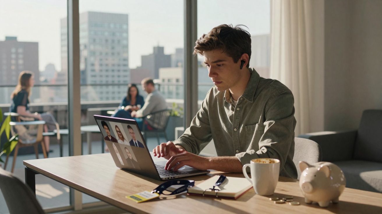 Jovem a trabalhar num portátil em videoconferência, usando auriculares, com sala e varanda com pessoas ao fundo.