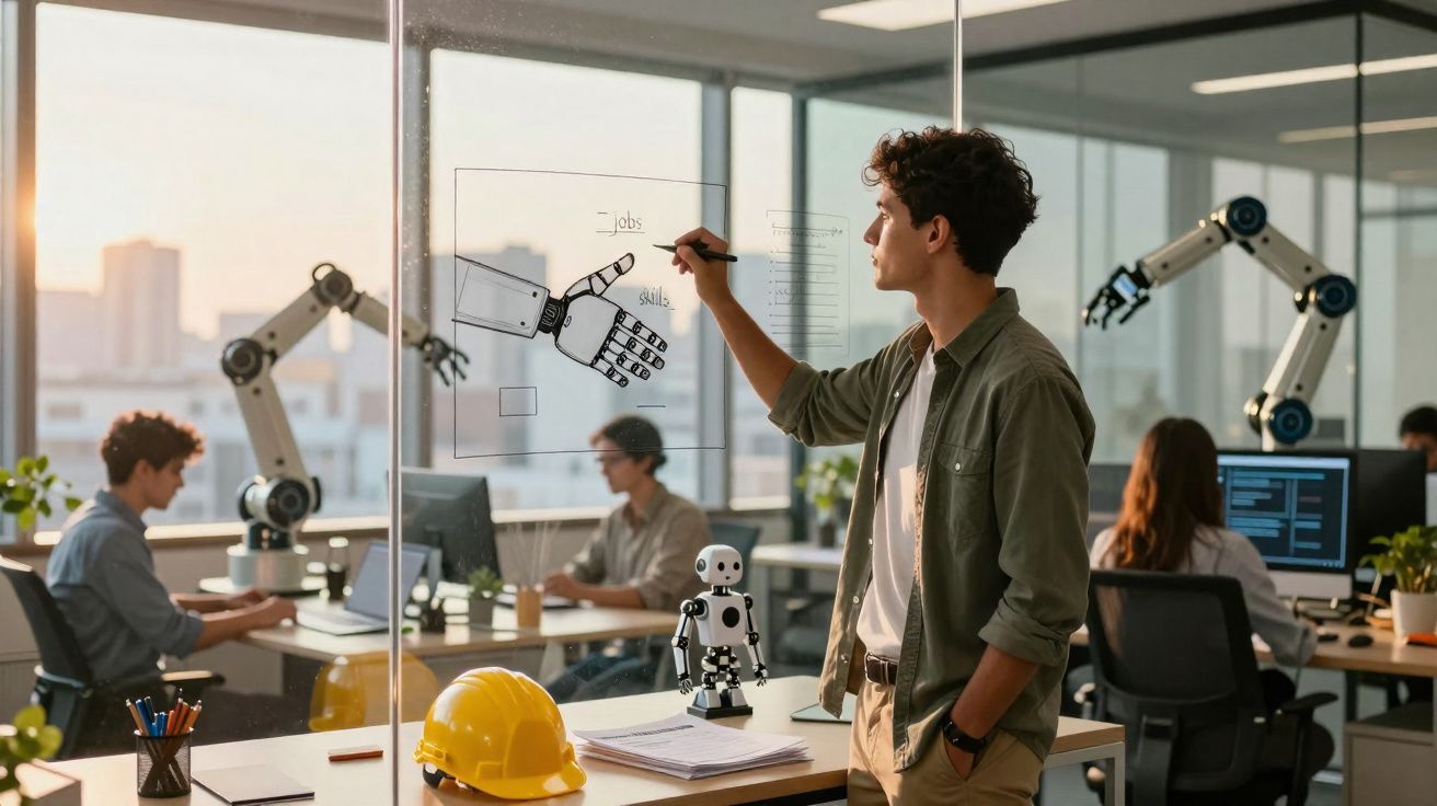 Jovem escreve desenho de braço robótico numa parede de vidro num escritório de tecnologia com equipe a trabalhar.