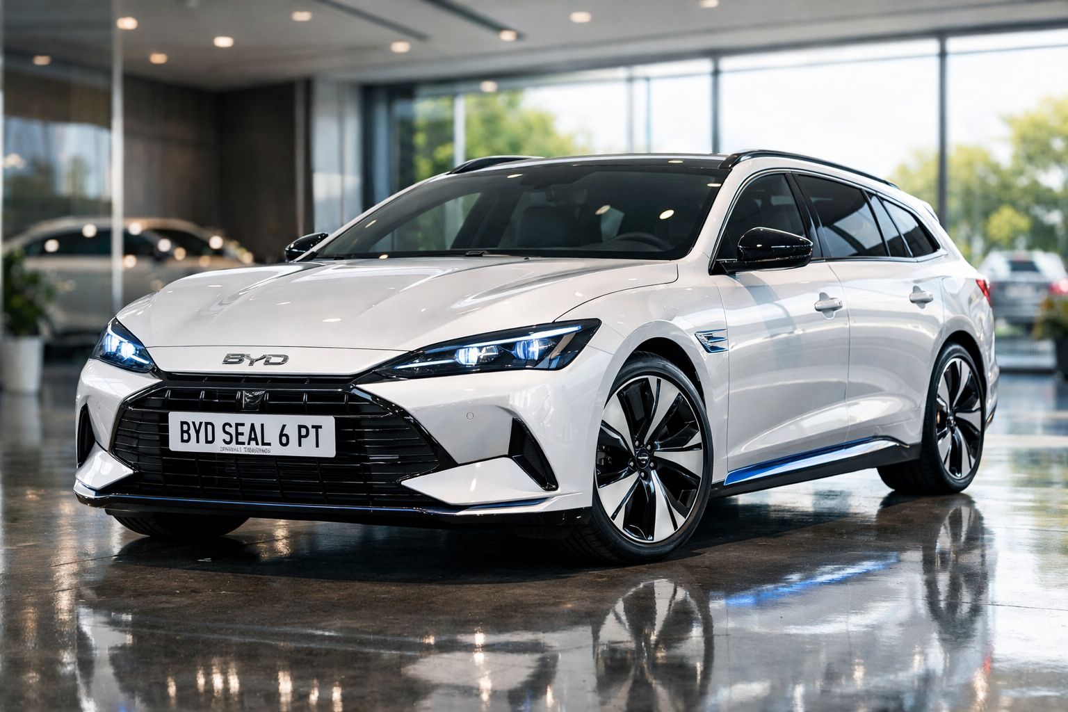 Carro elétrico branco BYD Seal 6 PT estacionado num piso brilhante numa garagem moderna com grandes janelas.