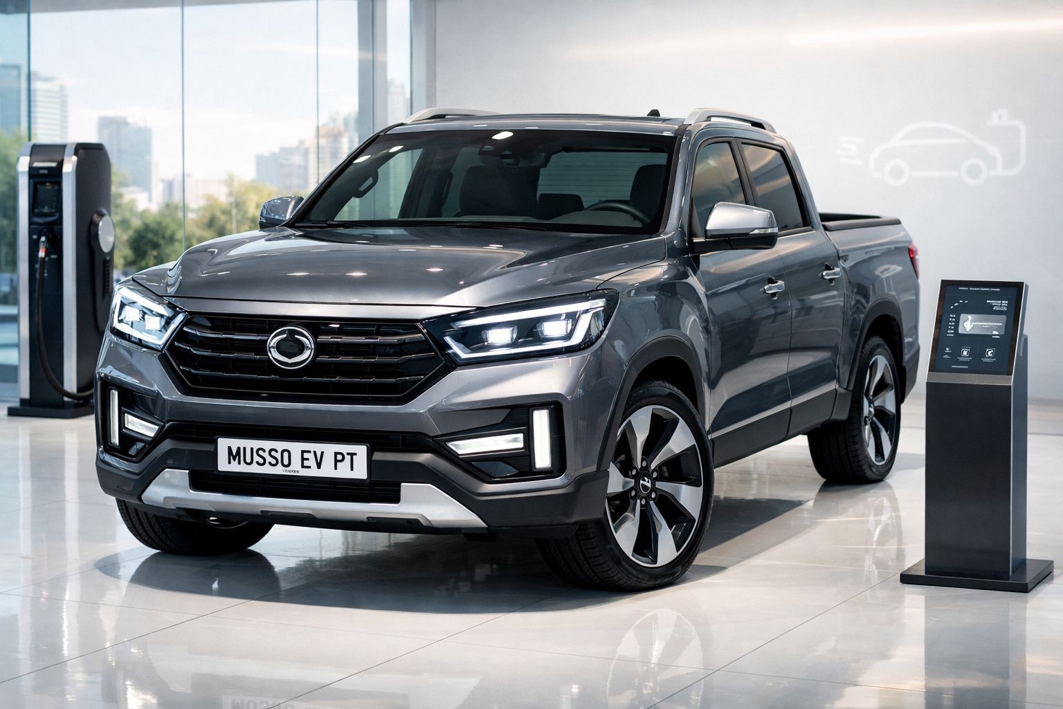 Pick-up elétrica cinza Musso EV PT exibida em stand moderno com painel informativo ao lado.