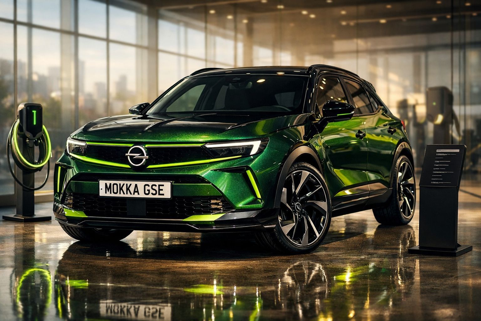 Carro elétrico Opel Mokka GSE verde metálico estacionado em espaço interior moderno.