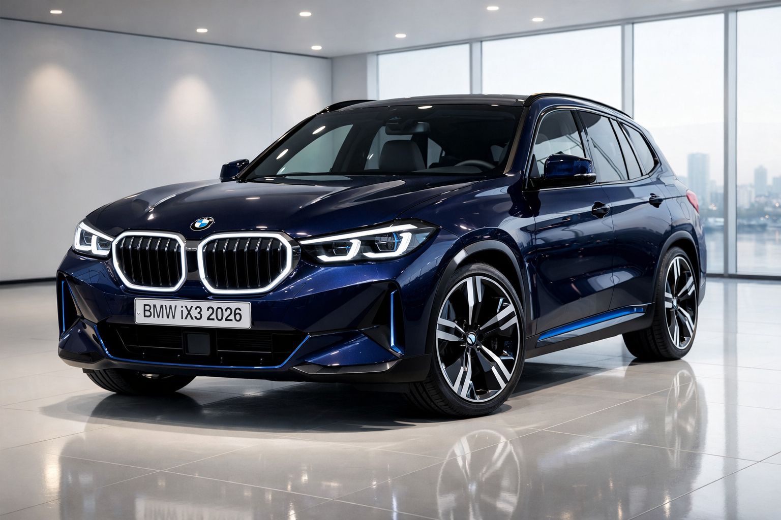 BMW iX3 2026 azul escuro estacionado em interior com grandes janelas e chão refletor.