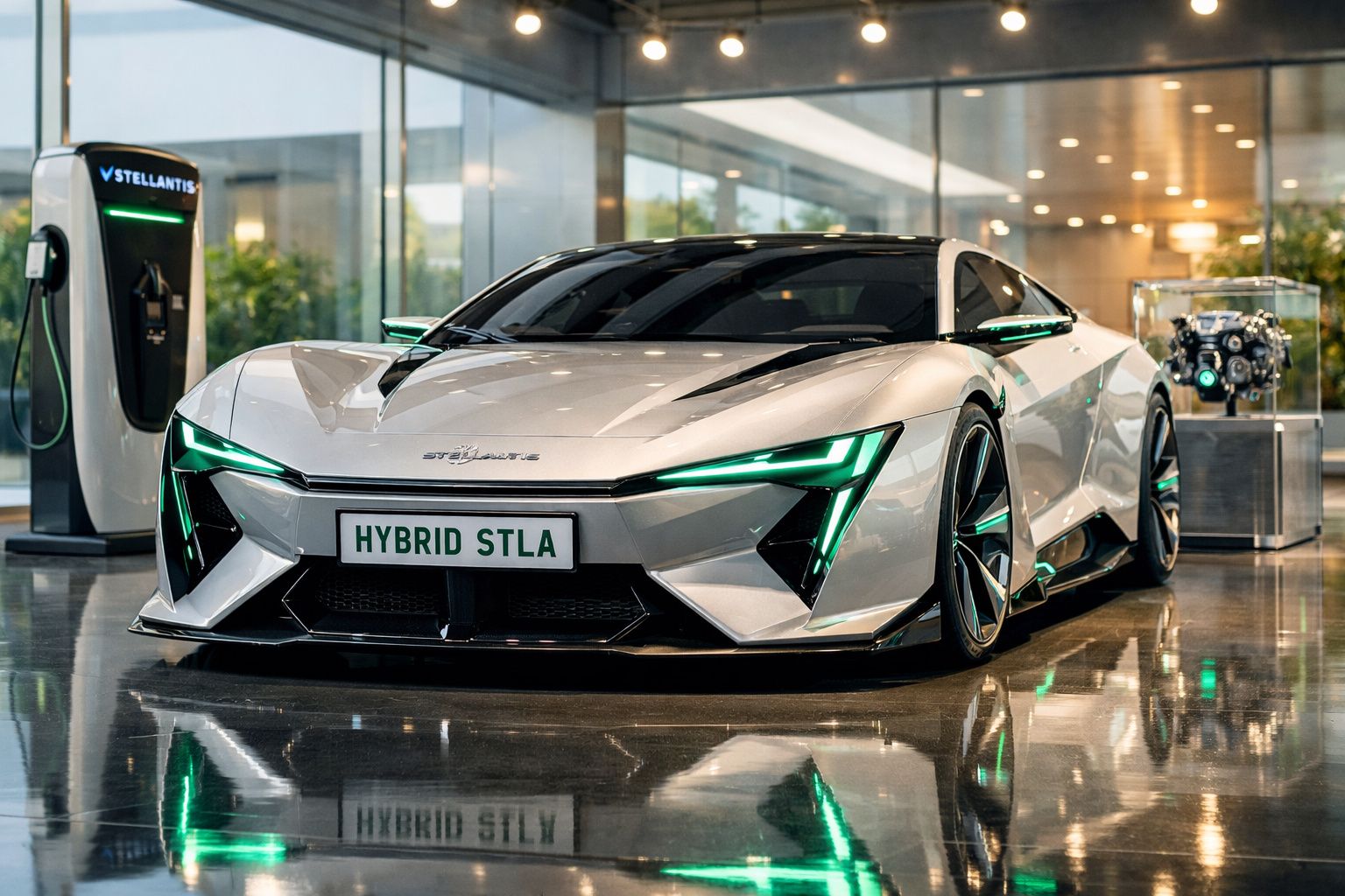 Carro desportivo elétrico branco com luzes verdes em exposição num showroom moderno.