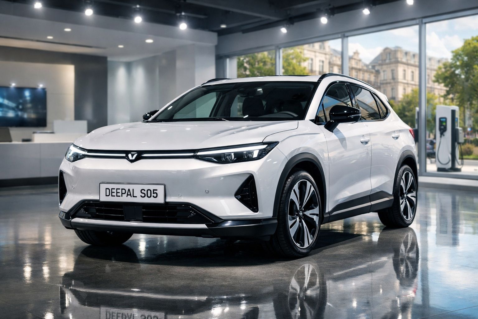 SUV elétrico branco Deepal S05 estacionado em showroom moderno com janelas amplas e carregador elétrico.