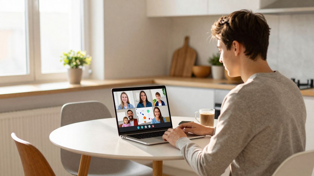 Pessoa sentada numa mesa branca a participar numa videochamada em laptop numa cozinha iluminada.