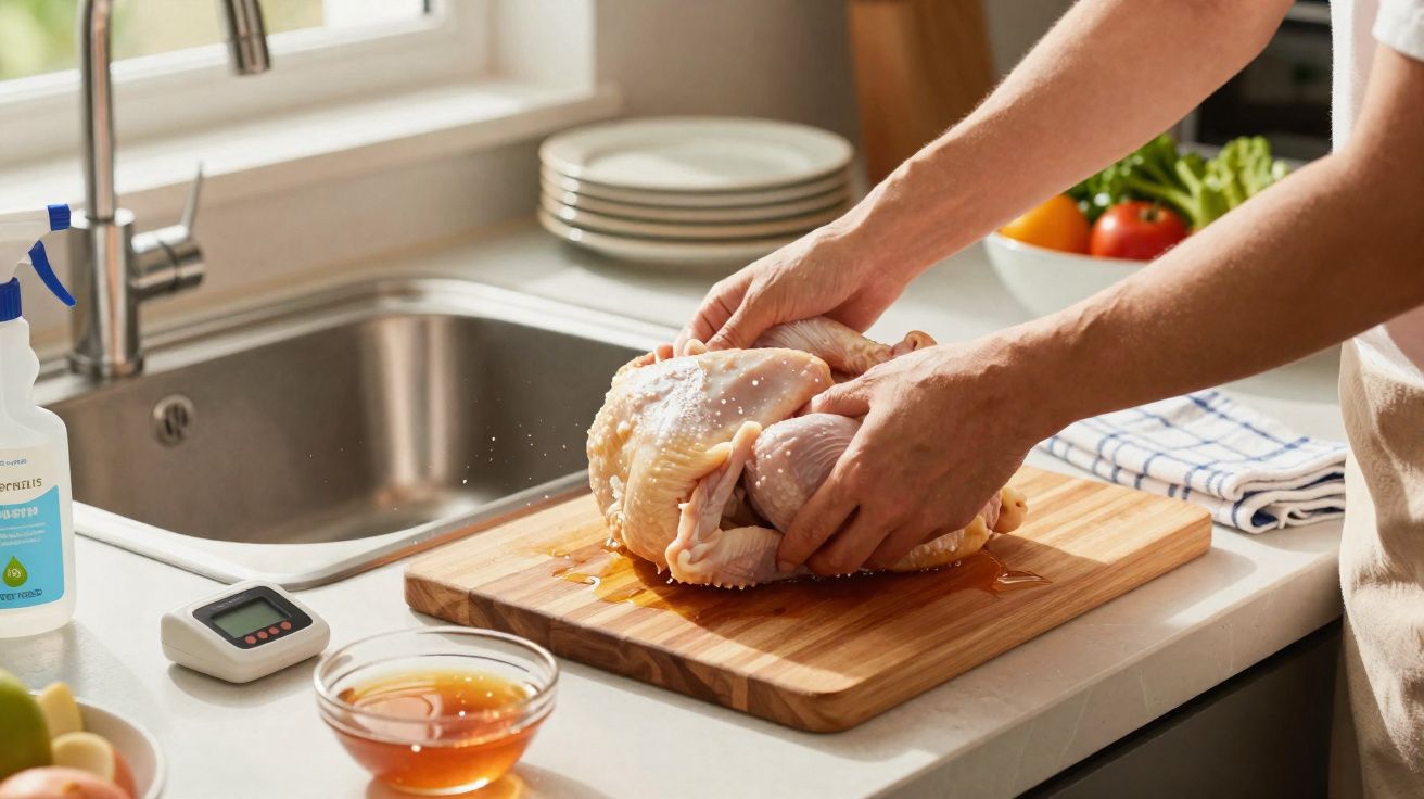 Pessoa a preparar frango cru numa tábua de cortar numa cozinha iluminada, com utensílios ao fundo.