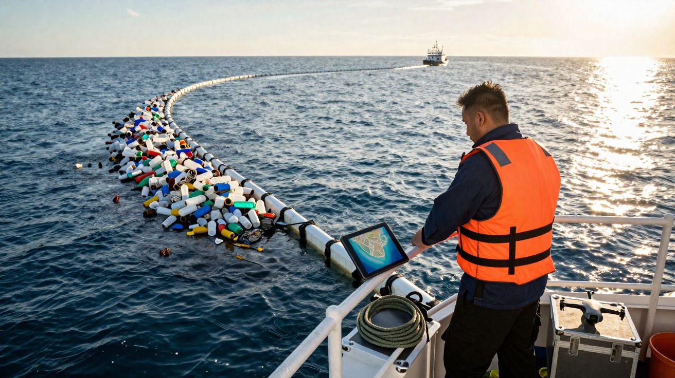 Homem com colete salva-vidas num barco junto a barreira flutuante recolhendo lixo plástico no mar ao pôr do sol.