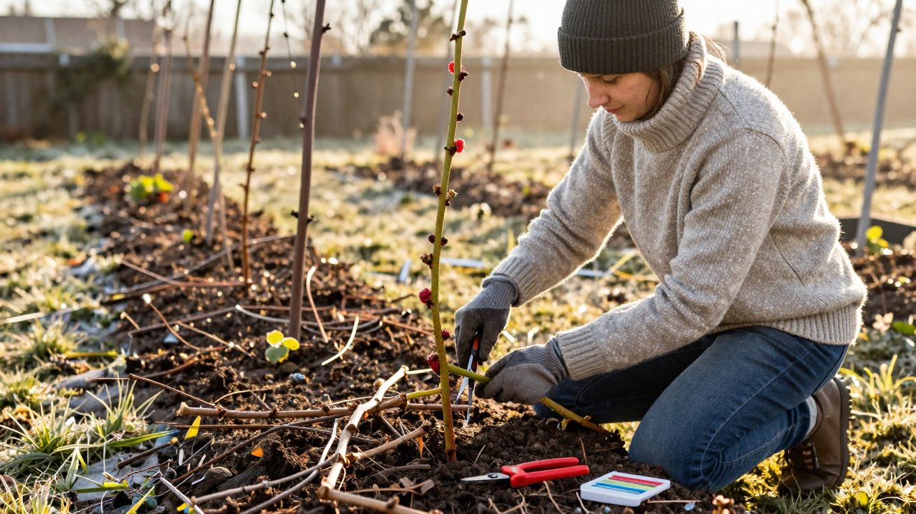 Mulher com roupa de inverno a podar um arbusto num jardim ensolarado de manhã fria.