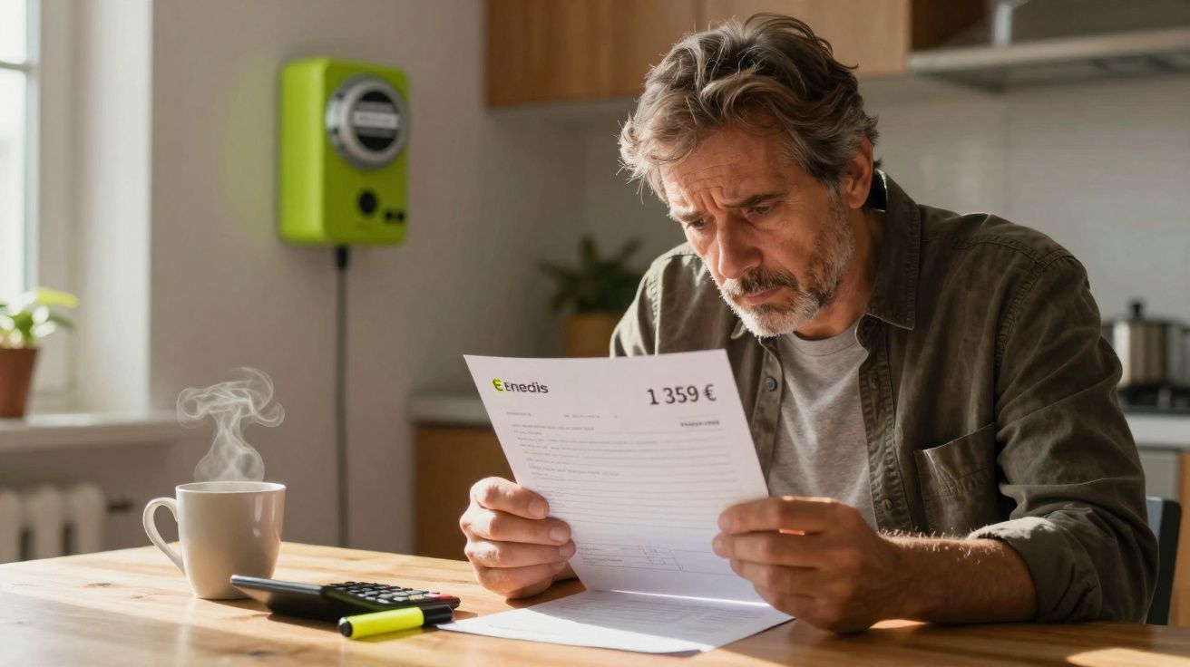 Homem preocupado a ler uma fatura de eletricidade elevada, sentado à mesa com café e calculadora.