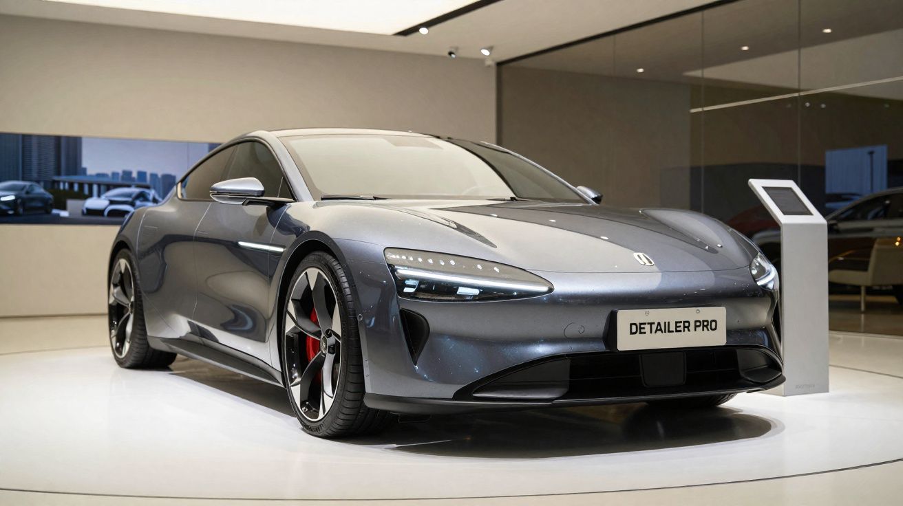 Carro desportivo eléctrico cinzento exibido numa sala de exposição moderna com iluminação focada.