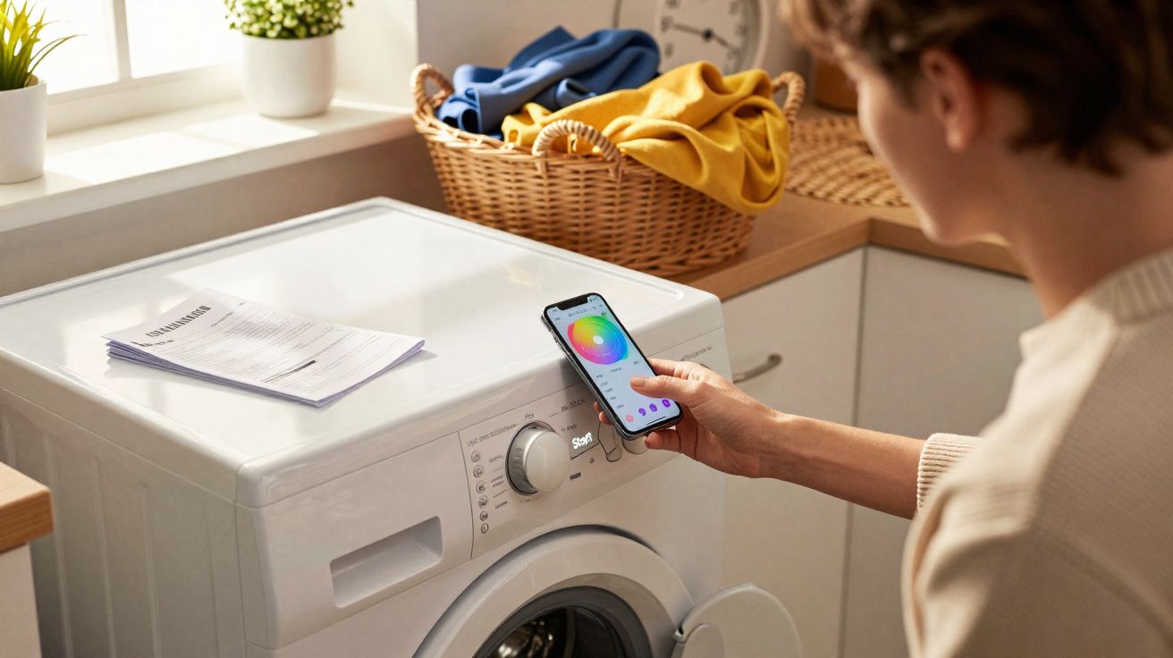 Pessoa a controlar máquina de lavar roupa com smartphone numa lavandaria doméstica.