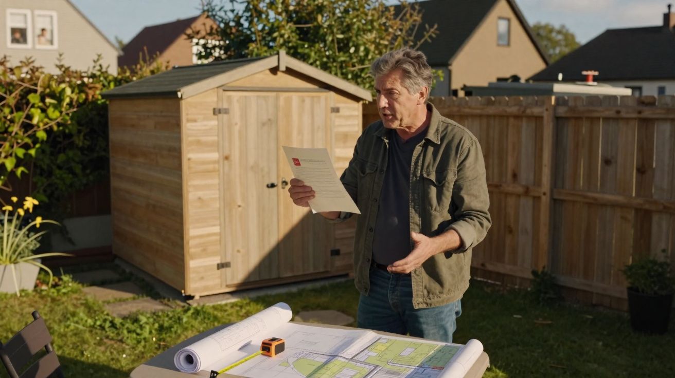 Homem de meia-idade lê documento em jardim com plantações e casa de madeira ao fundo.
