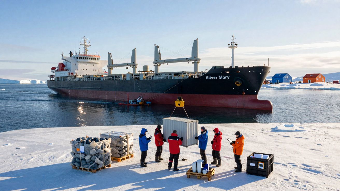 Navio cargueiro ancorado numa costa gelada com pessoas em roupa de frio a descarregar contentores.