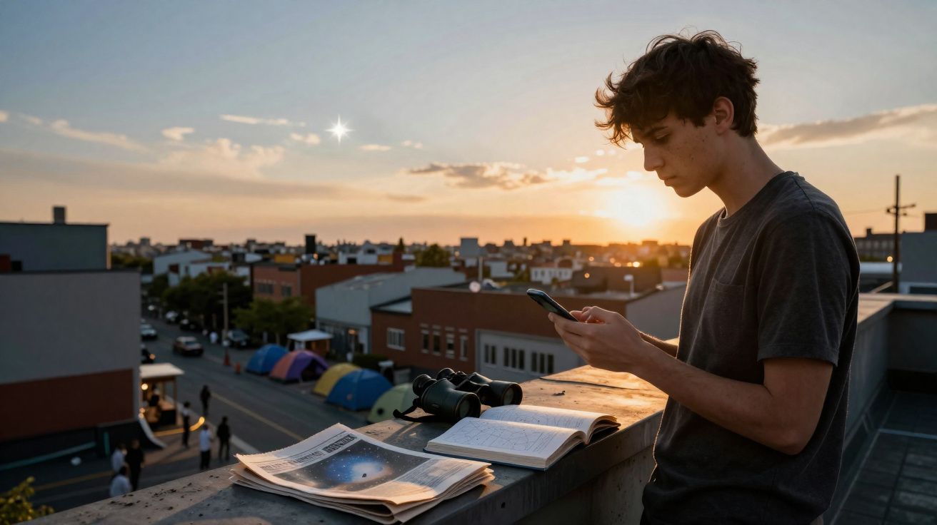 Jovem no terraço ao pôr do sol, com binóculos, jornal e caderno, usando telemóvel.
