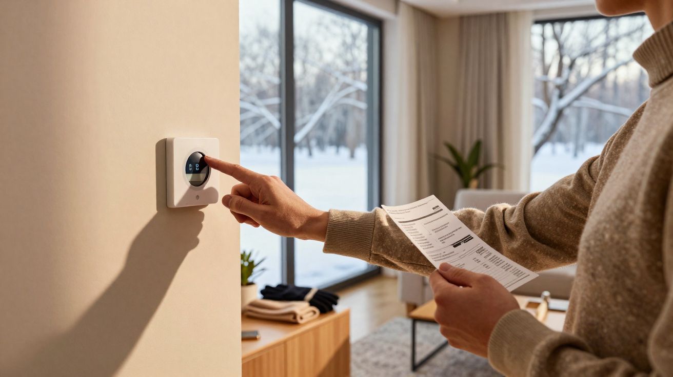 Pessoa ajusta termóstato digital na parede de uma sala com janelas grandes e vista para cenário nevado.