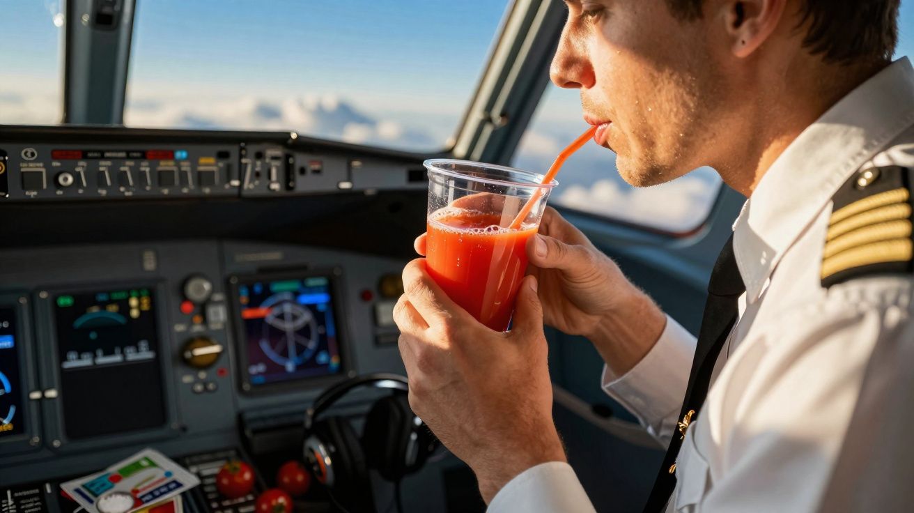 Piloto numa cabine de avião a beber sumo vermelho com canudo num copo de plástico.