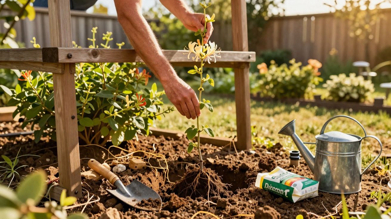 Pessoa a plantar uma muda de flor em jardim com ferramenta de escavação, regador e fertilizante.