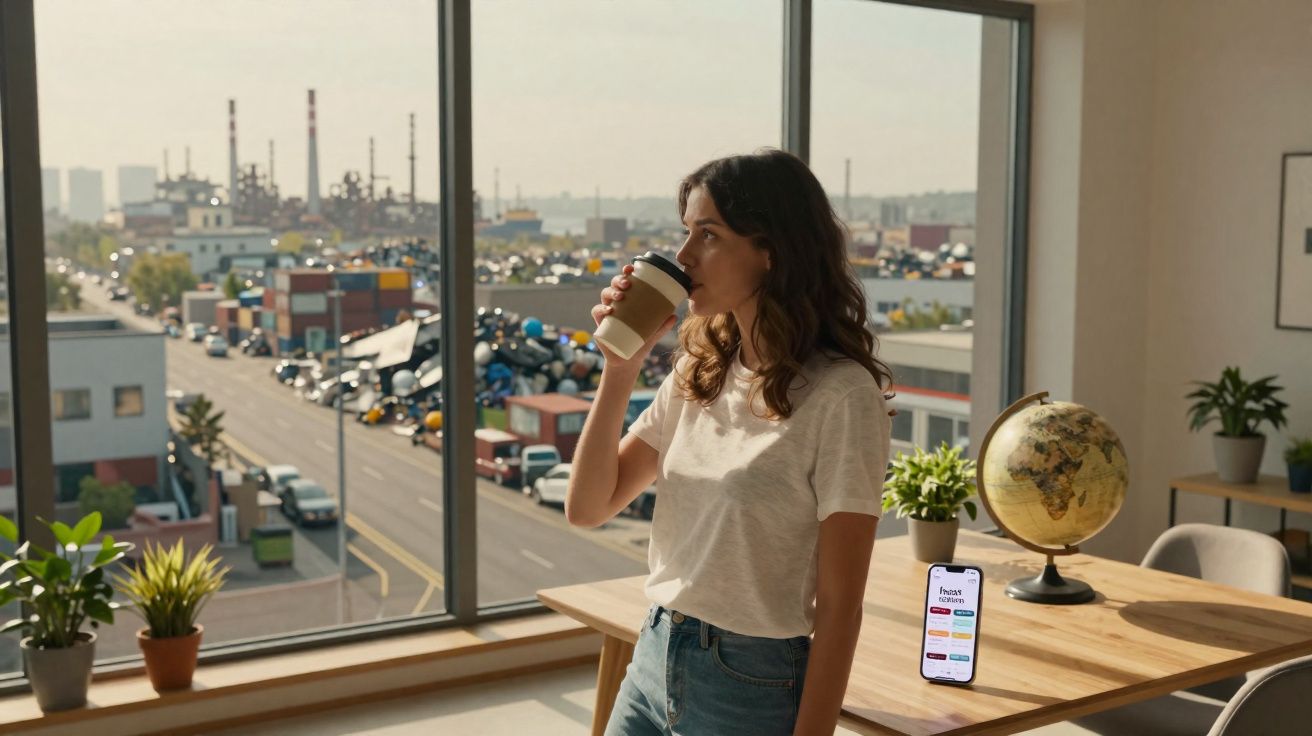 Mulher de cabelo castanho a beber café junto à janela com vista para área industrial e mesas com plantas e globo terrestre.