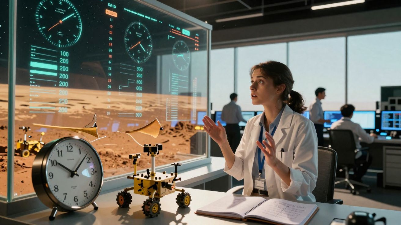 Mulher cientista num laboratório com relógios, rover e dados projetados numa janela transparente.