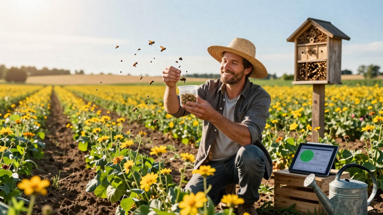 Homem sorridente com chapéu de palha segura abelhas em campo florido com dispositivo digital ao lado.