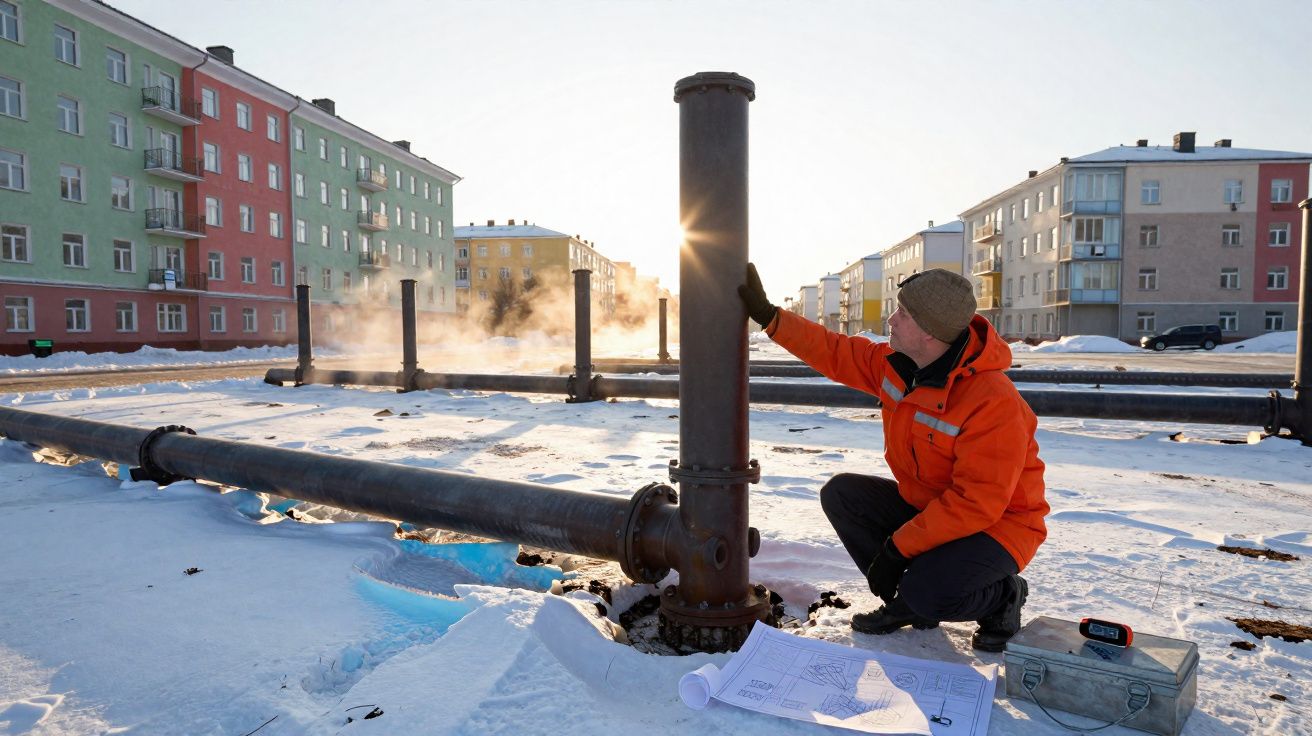 Homem com casaco laranja inspeciona cano de aquecimento em área coberta de neve com edifícios coloridos ao fundo.