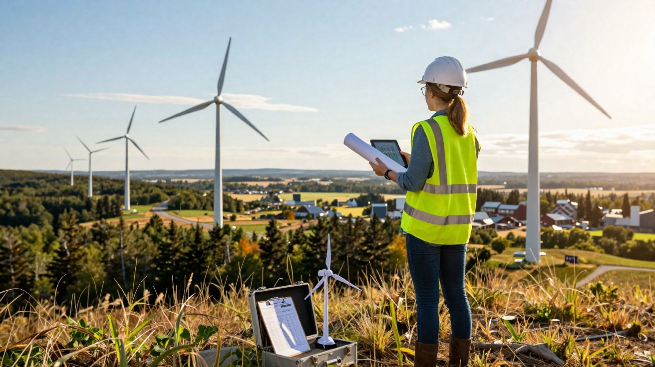Mulher engenheira com capacete e colete observa turbinas eólicas numa paisagem rural ao pôr do sol.