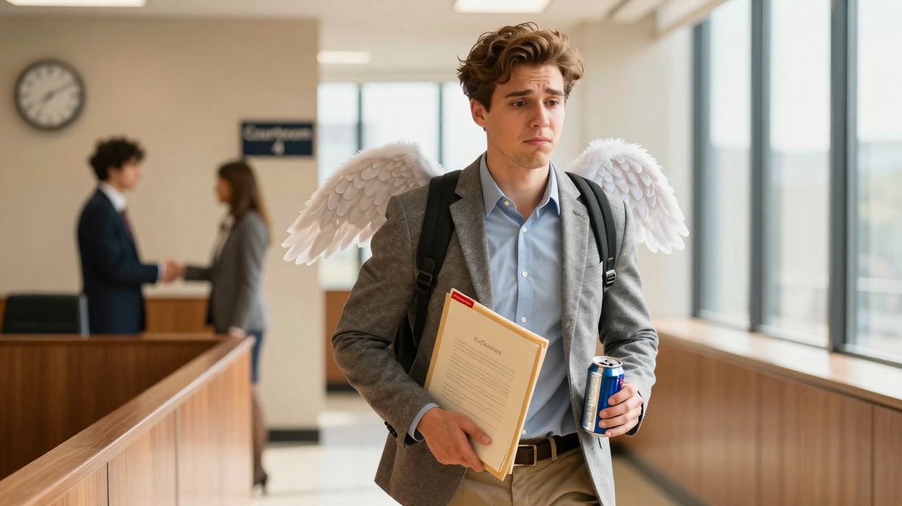 Jovem com asas de anjo, fato cinzento e mochila, segurando documentos e bebida numa sala de tribunal.
