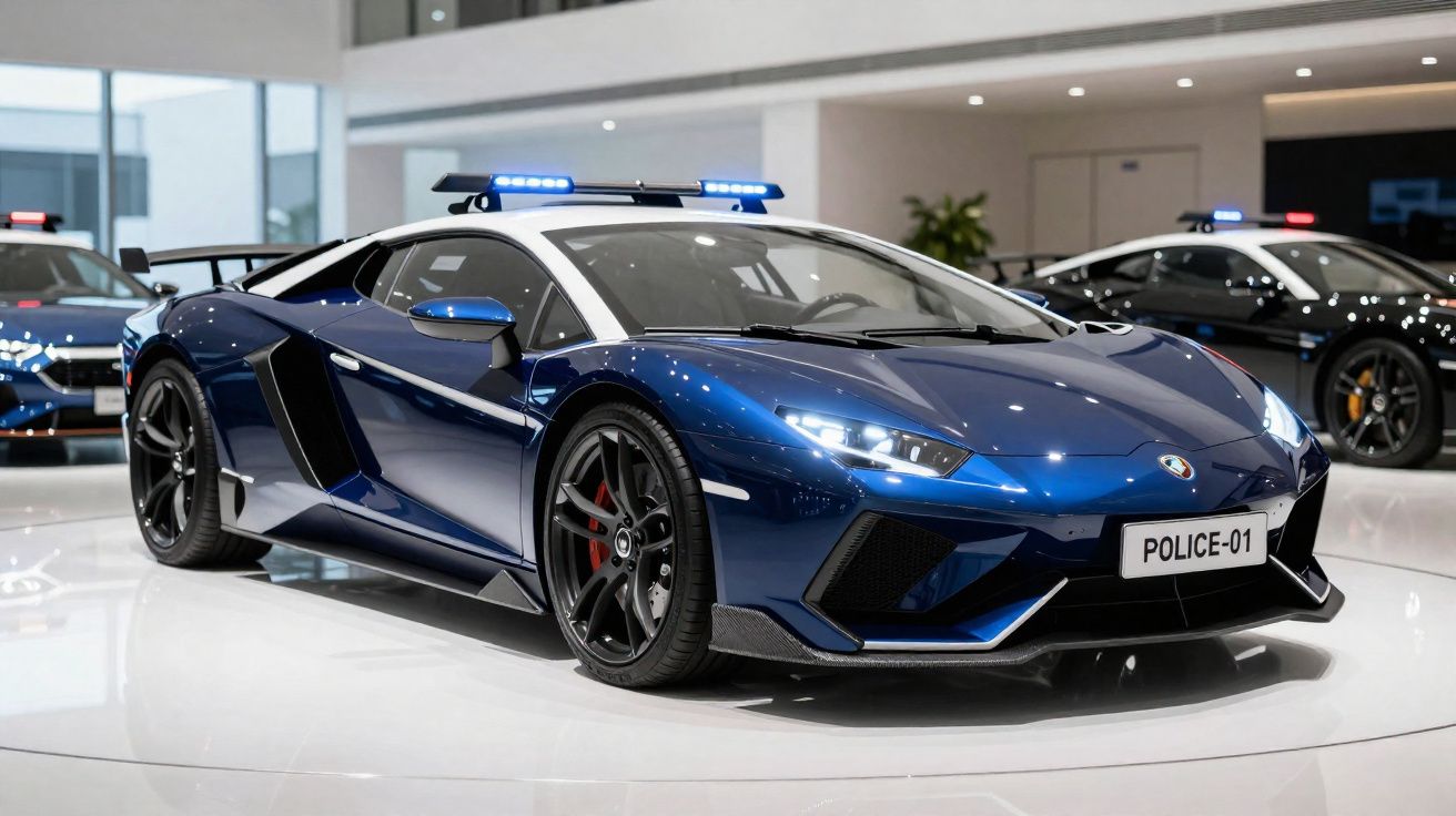 Carro de polícia desportivo azul com luzes azuis ligadas em exibição interior.
