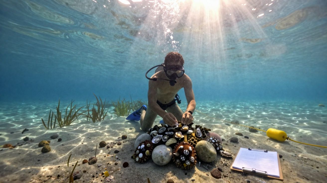 Mergulhador a examinar e recolher amostras de conchas marinhas no fundo do mar com prancha de notas ao lado.