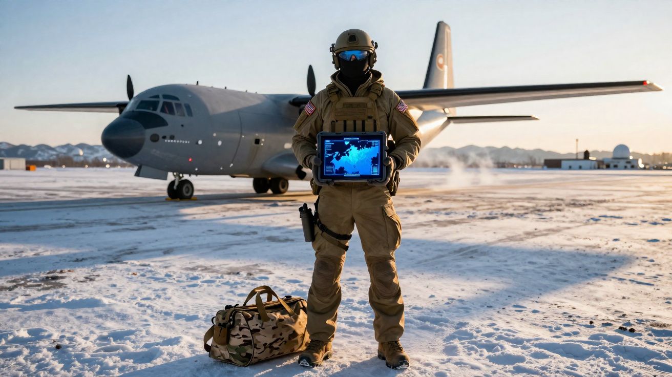 Soldado militar com equipamento táctico segura tablet com mapa digital, em pista de avião coberta de neve.