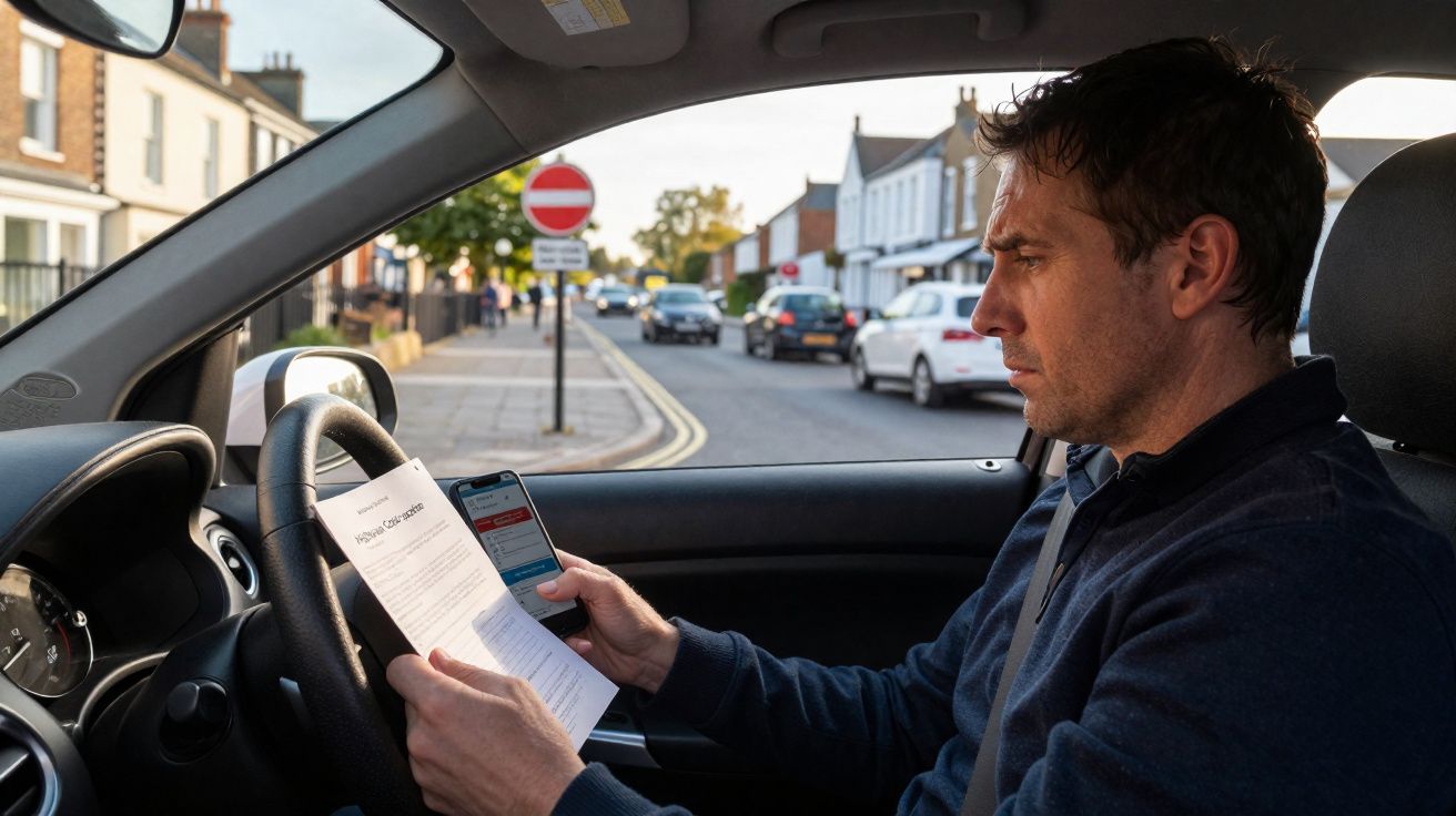 Homem dentro de carro a ler documento e consultar telemóvel numa rua urbana.