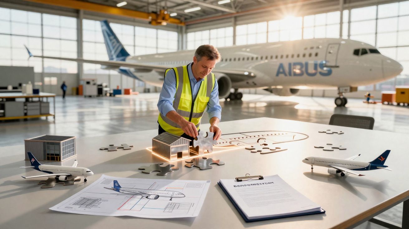 Homem com colete amarelo monta puzzle de avião numa mesa com modelos e desenhos, hangar com avião Airbus ao fundo.