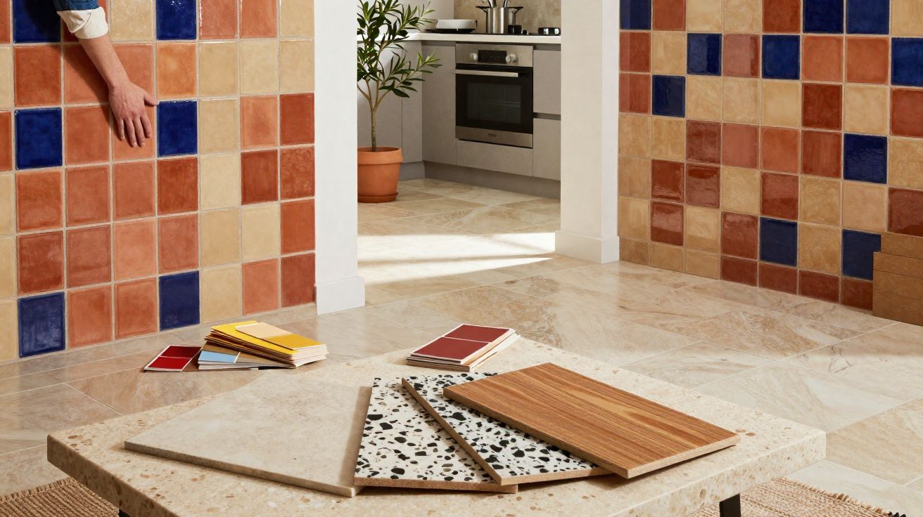 Pessoa escolhendo azulejo colorido para parede em ambiente claro com amostras de materiais numa mesa baixa.