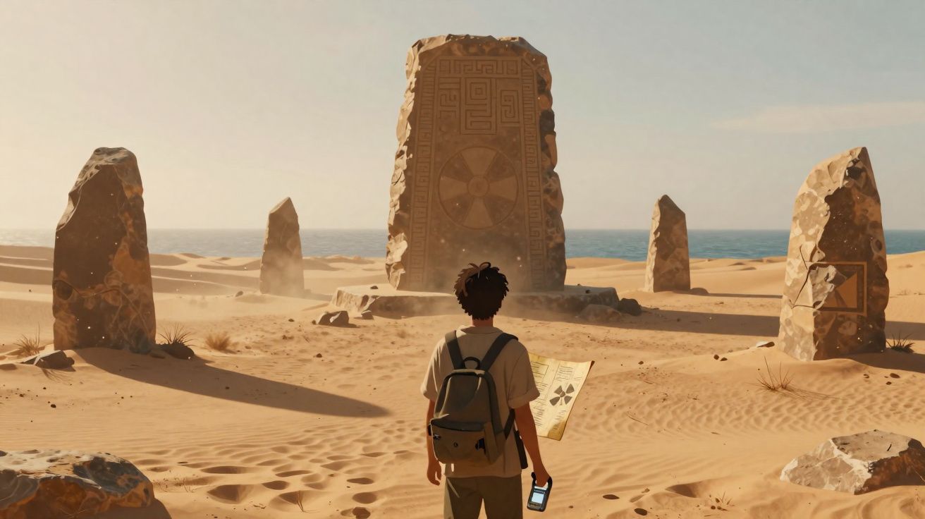 Jovem com mochila observa pedras antigas com inscrições no meio do deserto junto ao mar.