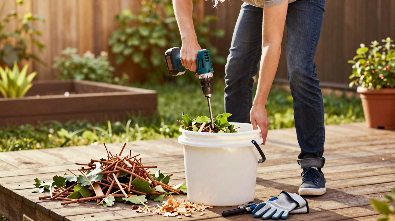 Pessoa a triturar ramos e folhas verdes com uma ferramenta elétrica num balde branco num deck de madeira.