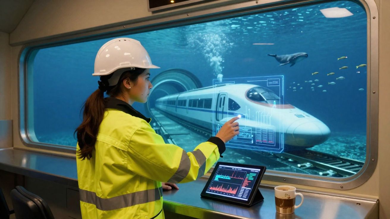 Mulher com capacete e casaco refletor controla comboio futurista a passar debaixo de água, com tablet e chá na mesa.