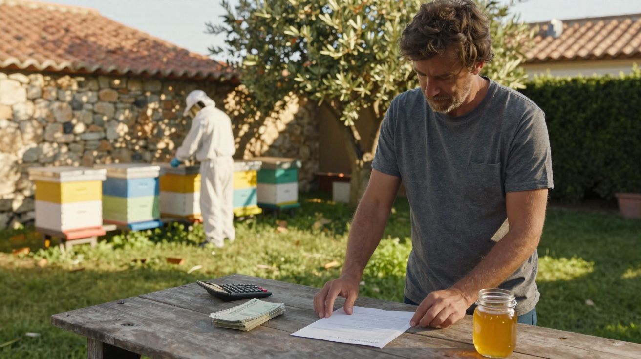 Homem analisa documentos numa mesa ao ar livre, com apicultor e colmeias ao fundo num jardim.