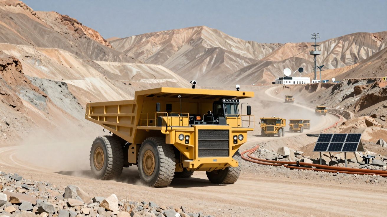 Camião de mineração amarelo a percorrer estrada de terra em zona montanhosa árida com painéis solares.