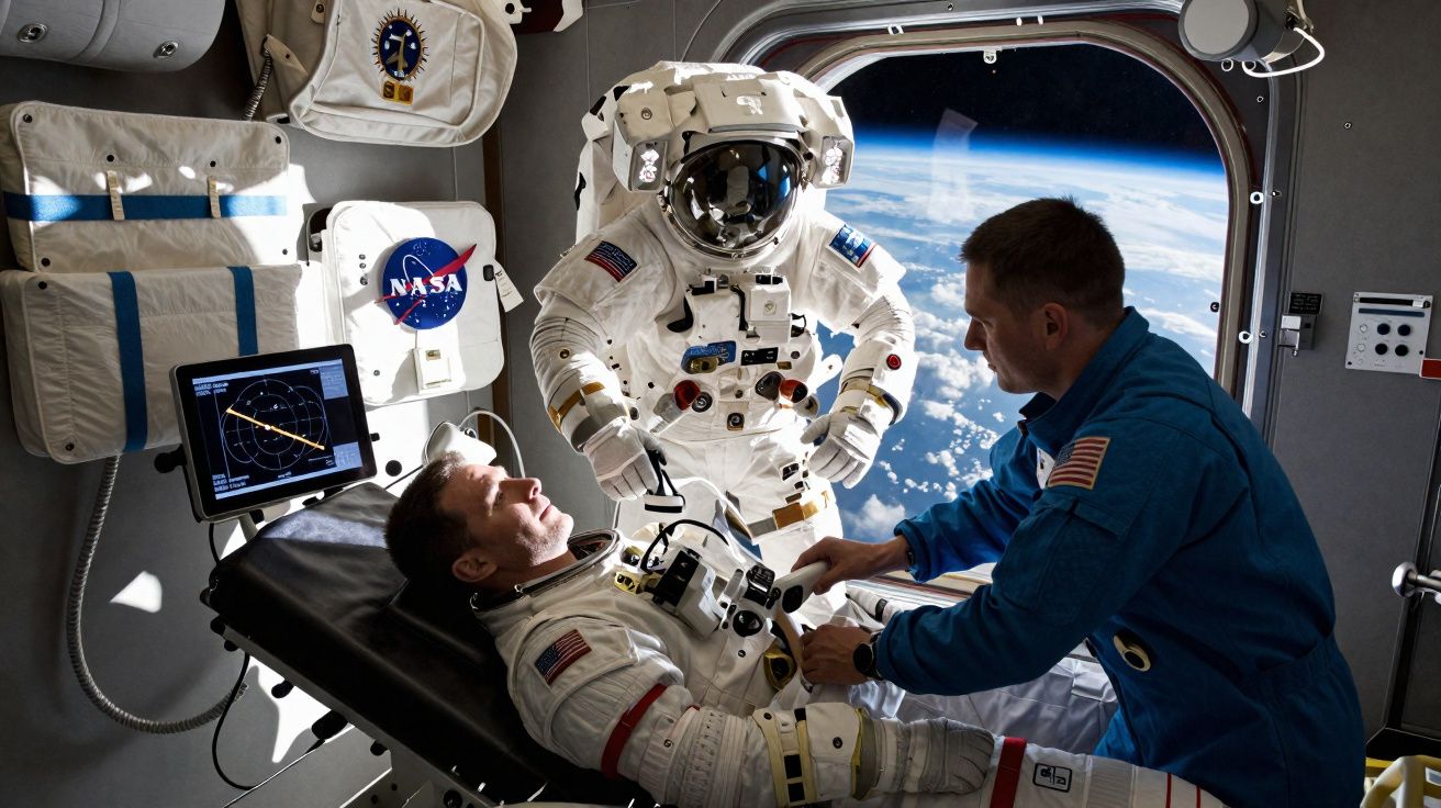 Astronautas dentro da Estação Espacial Internacional com vista para a Terra pela janela circular.