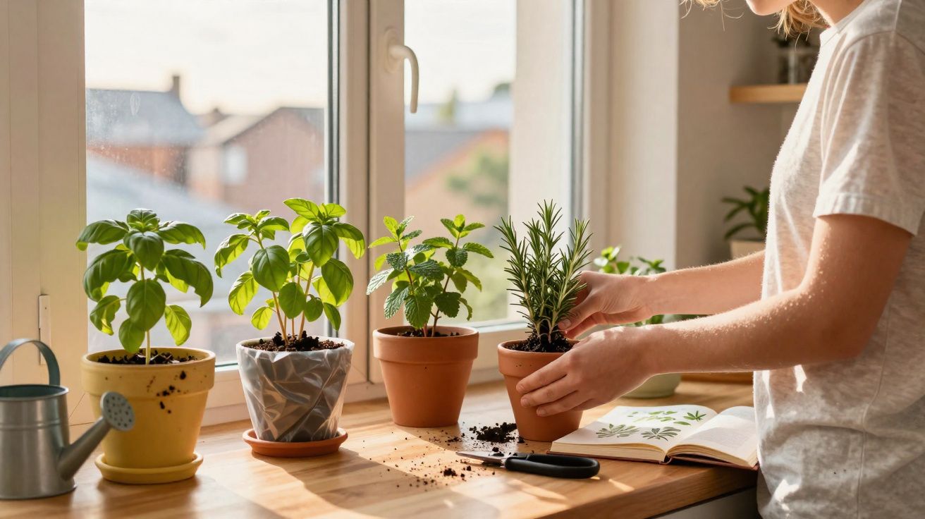 Pessoa a cuidar de plantas em vasos numa janela, com terra, regador e livro aberto numa mesa de madeira.