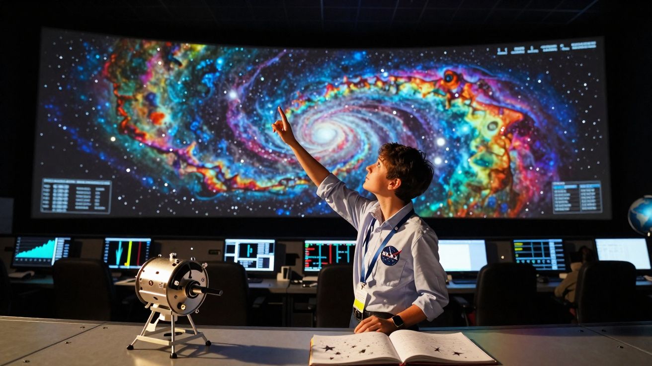 Criança numa sala de controlo científica aponta para uma projeção colorida de galáxia espiral no ecrã grande.