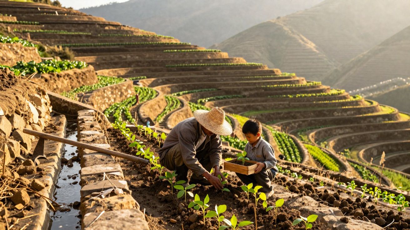 Agricultor com chapéu de palha e criança plantam em terraços agrícolas em encosta montanhosa ao pôr do sol.